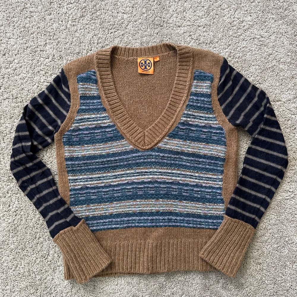 Tory Burch V-Neck Striped Wool-Alpaca Blend Sweater